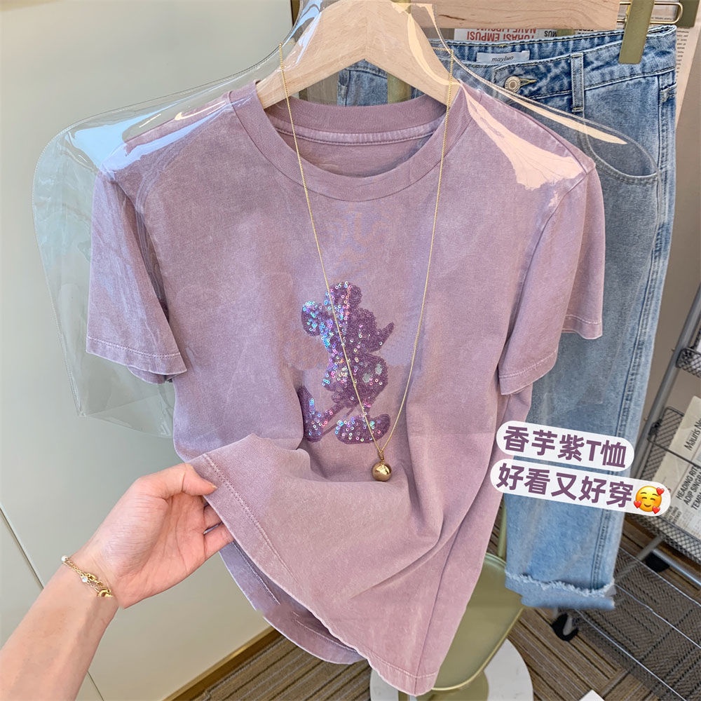 Round collar design feel niche cartoon printed small blouse 2022 summer dress loose-fitting short-sleeved T-shirt woman ins