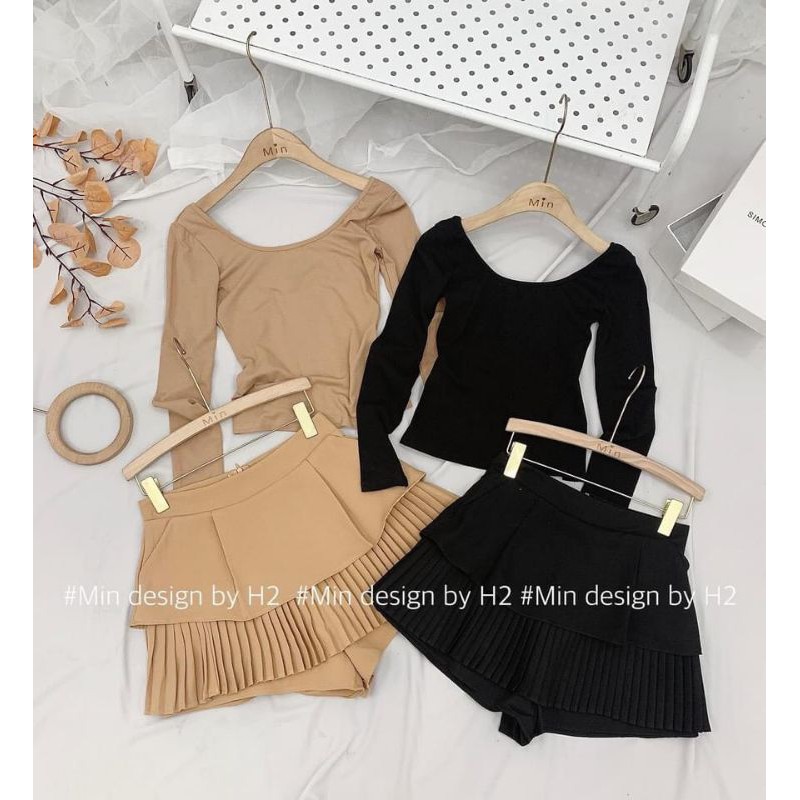 Set áo zip dài tay mix chân váy ngắn dập li kèm quần trong an toàn BCi