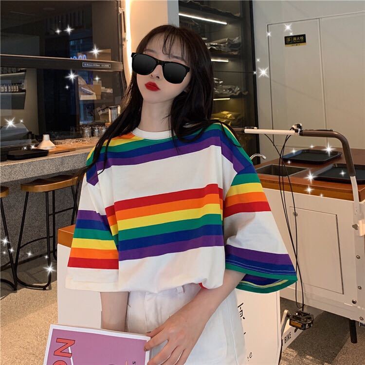 Áo Thun Ngắn Tay Dáng Rộng Họa Tiết Kẻ Sọc Màu Cầu Vồng Phong Cách Hàn Quốc Thời Trang Cho Nữ