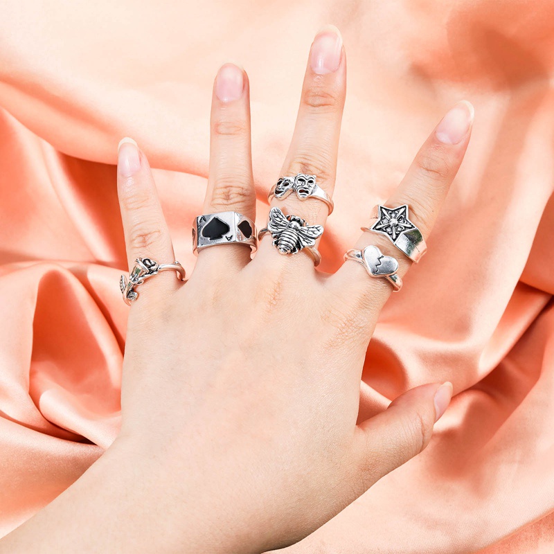 Nhẫn Đeo Ngón Tay Mạ Bạc Hình Trái Tim / Đầu Lâu / Bông Hoa / Trái Tim Phong Cách Hip Hop Mới Cho Nữ