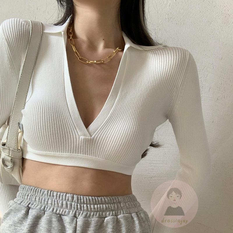 Áo Thun Tay Dài Cổ Chữ V Hở Lưng Màu Trơn Dành Cho Nữ