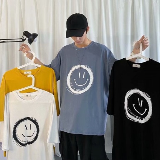 áo thun nam form rộng Chuẩn Form Trẻ Trung Áo thun nam cổ tròn cao cấp cotton màu Thời Trang Mẫu in khuôn mặt cười Áo phông nam