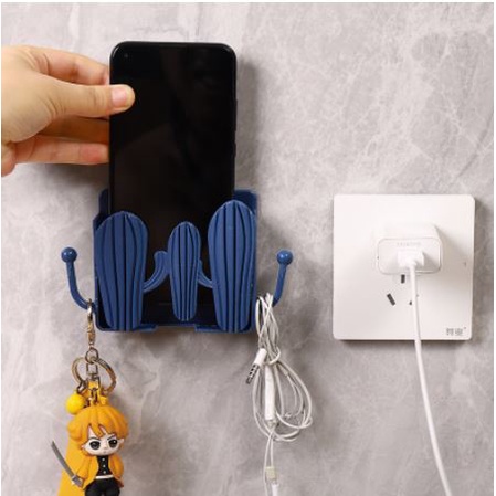 Kệ gắn tường để điện thoại khi sạc họa tiết xương rồng - Giá để điện thoại, điều khiển dán tường có móc treo