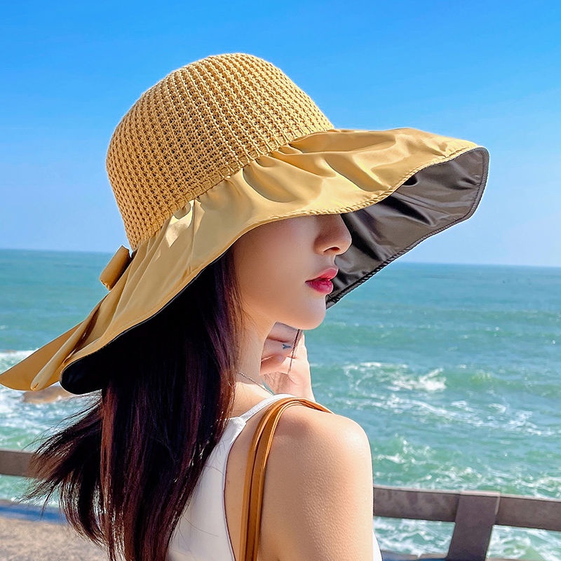 Mũ Cói Rộng Vành Che Nắng Đính Nơ Keo Đen Chống Tia UV Thời Trang Mùa Hè Cho Nữ
