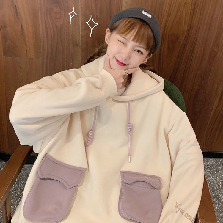 Áo hoodie tay dài dáng rộng phối lông màu sắc thời trang cho nữ