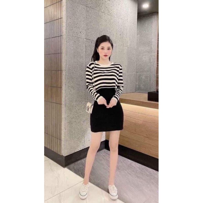 Set áo kẻ croptop dài tay mix váy 2s body BCi