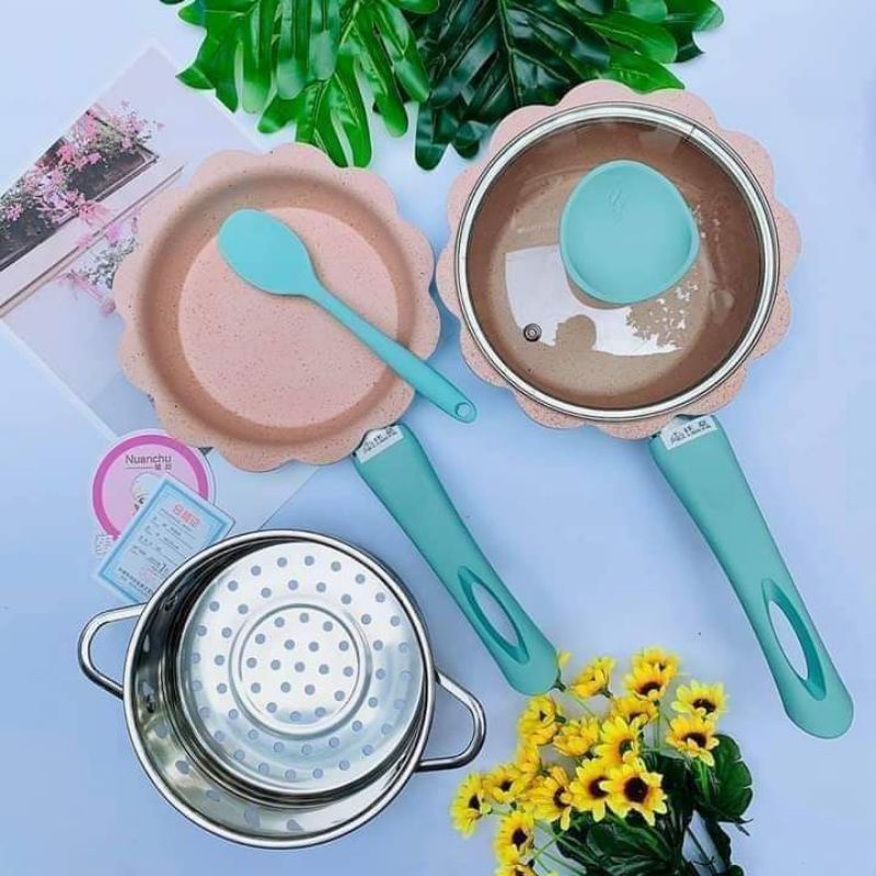 Bộ nồi đá có nắp kèm lồng hấp loại xịn 16cm
