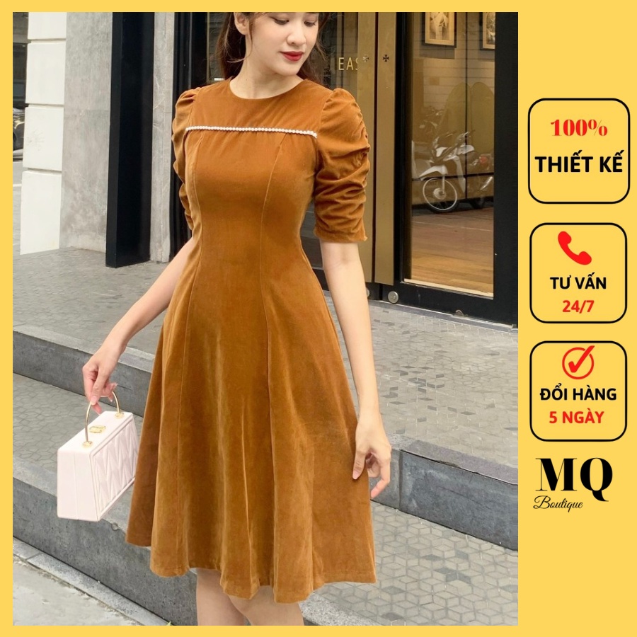Váy nhung dự tiệc dáng xòe công sở nữ trang trí dây ngọc tay rúm bồng, cổ tròn thiết kế MQ Boutique