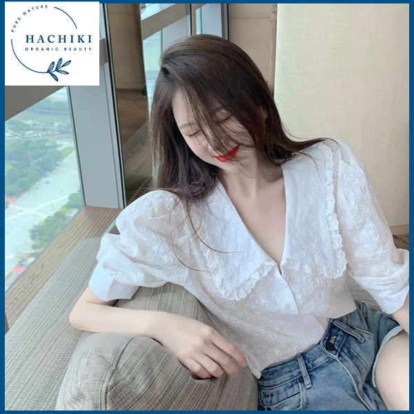 Áo sơ mi nữ kiểu form rộng màu trắng, thời trang cao cấp HACHIKI Áo sơ mi vải ren đẹp