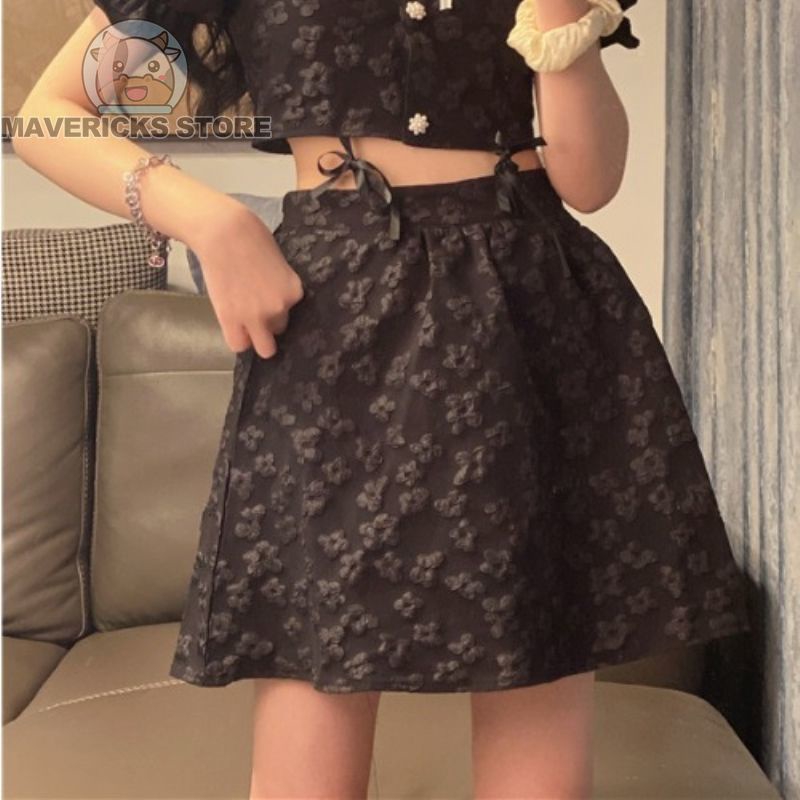 Set Áo Sơ Mi Tay Phồng Màu Đen Phối Chân Váy Đen Thời Trang Hè Phong Cách Hàn Quốc Cá Tính Cho Nữ