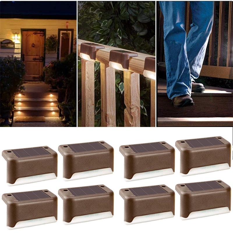 Bộ 8 Đèn LED Năng Lượng Mặt Trời Ánh Sáng Trắng Ấm Chống Thấm Nước Gắn Cầu Thang Ngoài Trời