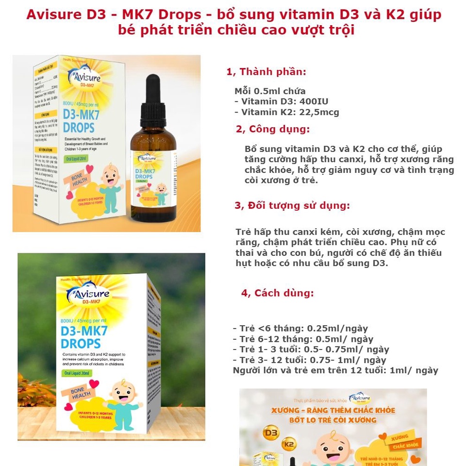 Avisure D3 - MK7 Drops - Bổ sung Vitamin d3 k2, canxi cho bé, giúp xương, răng chắc khỏe