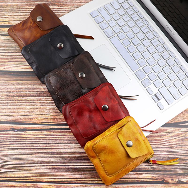Ví Đựng Tiền Xu Mini Bằng Da Thật Có Khóa Kéo Phong Cách Vintage