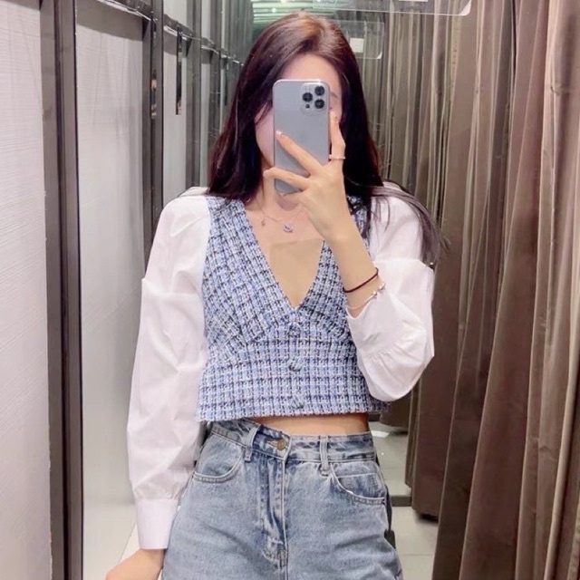 Áo sơ mi dạ kẻ cổ v phối tay bồng siêu xinh mh ln yy pl