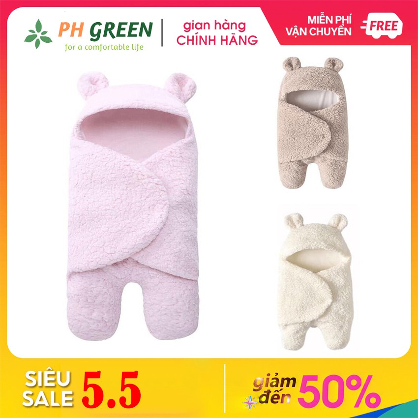 [SALE] Chăn Cuốn Ủ Cho Bé Sơ Sinh PH GREEN-Chất Liệu Vải Lông Cừu An Toàn Cho Da Bé, Mềm Mịn Không Rụng Bông