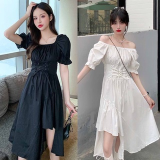 V019 Váy nữ dáng xòe xẻ chân thắt nơ eo tiểu thư, đầm dài dáng xòecổ vuông tay bồng đen trắng bánh bèo nữ tính