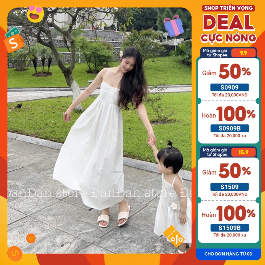 Váy đôi mẹ và bé hai dây xuông trắng mặc đi biển, đi chơi, đi du lịch (ẢNH THẬT SHOP TỰ CHỤP)