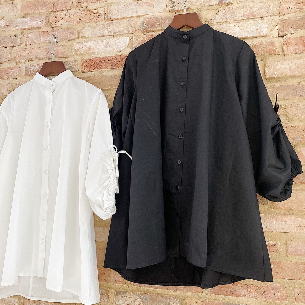 ÁO SƠMI KIỂU FORM SUÔNG CỘT NƠ TAY ÁO HAI MÀU TRẮNG ĐEN - BOW SHIRT
