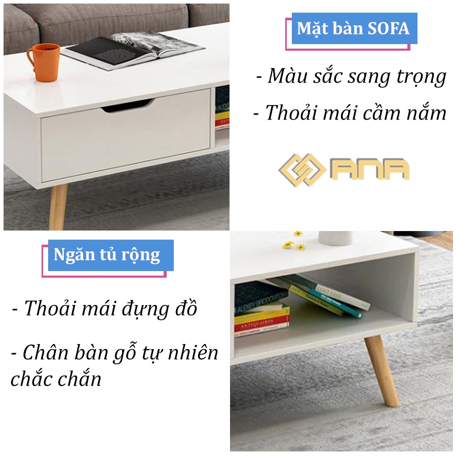 Bàn trà sofa phòng khách bằng gỗ thương hiệu ANA phong cách hiện đại mặt bàn chống xước chân gỗ tự nhiên chắc chắn BT08