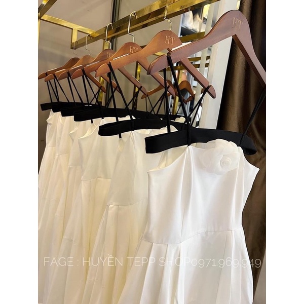 Váy trắng tacta 2 dây tiểu thư kèm hoa cài