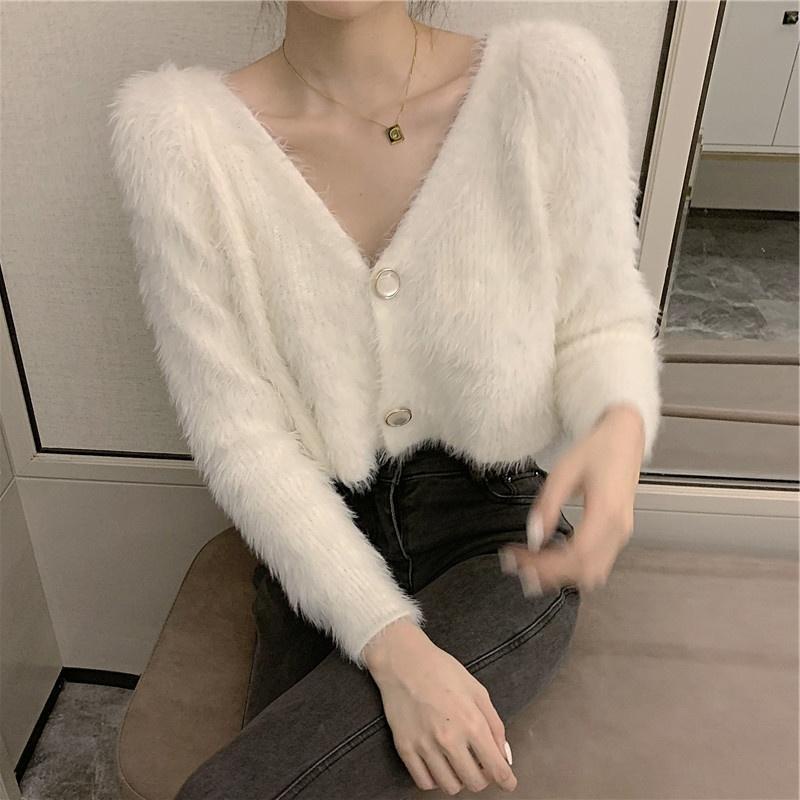 Áo khoác cardigan dệt kim dáng rộng phối lông mềm thời trang mùa đông cho nữ