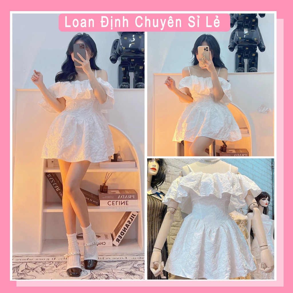 Váy 2 dây trễ vai xốp hoa nổi xòe xinh xắn đầm dự tiệc nữ LD156