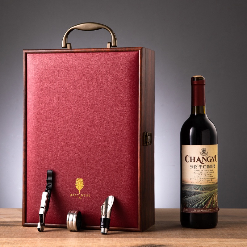 Hộp rượu vang, hộp da đựng rượu vang tặng kèm 4 phụ kiện (Đỏ Đô)