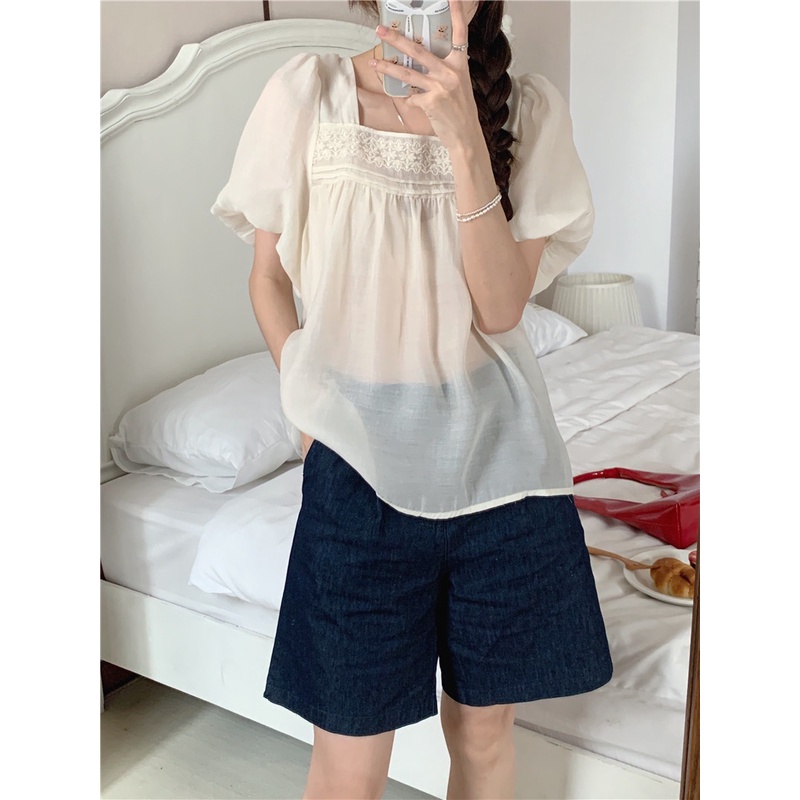 Áo Kiểu Tay Phồng Cổ Vuông Thêu Họa Tiết Phong Cách Pháp 52982