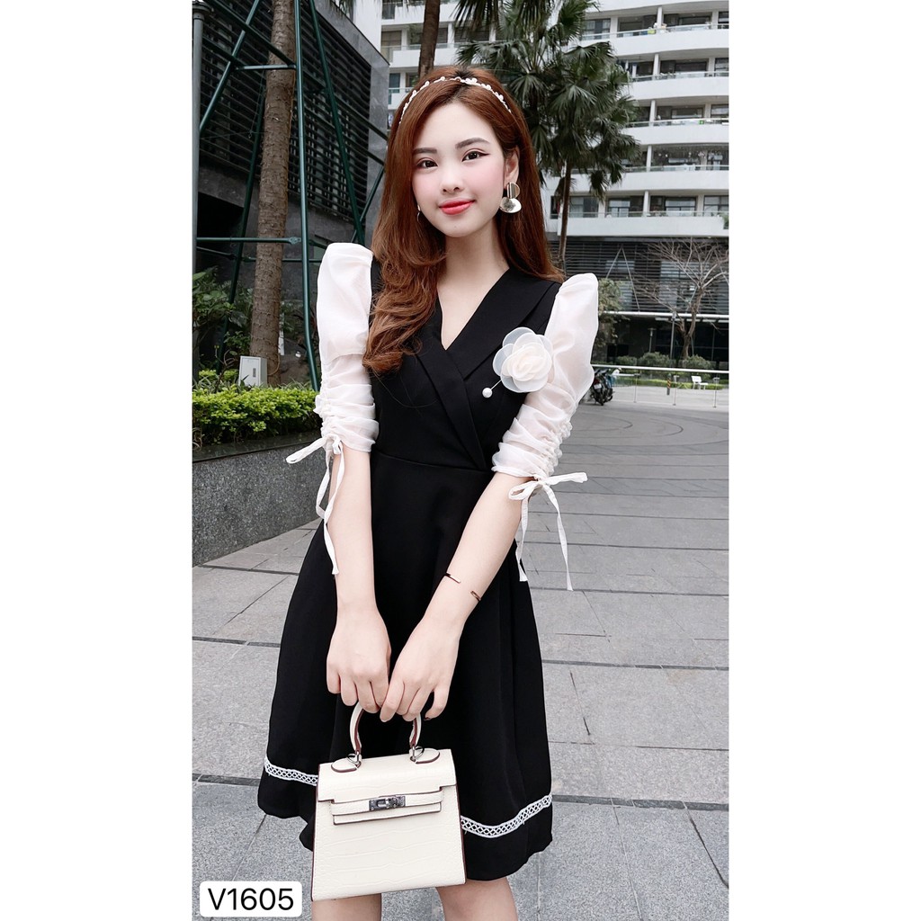 Váy xòe đen tay phối be V1605  -  ĐẸP SHOP DVC ( Ảnh mẫu và ảnh trải sàn do shop tự chụp ) | BigBuy360 - bigbuy360.vn