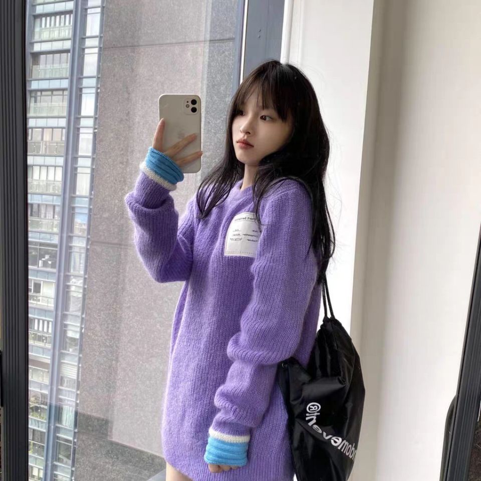 Áo Sweater Dệt Kim Mỏng Mềm Dáng Rộng Màu Tím Sữa Phong Cách Hàn Quốc Thời Trang Mùa Thu Cho Nữ