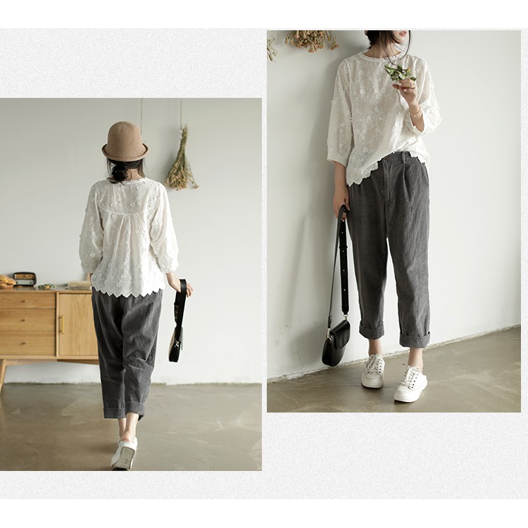 Áo vải linen thêu hoa nổi form rộng | BigBuy360 - bigbuy360.vn