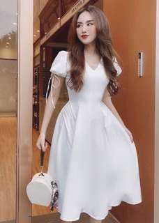 Đầm dự tiệc váy xoè xếp li eo 2 màu (kèm hình thật)