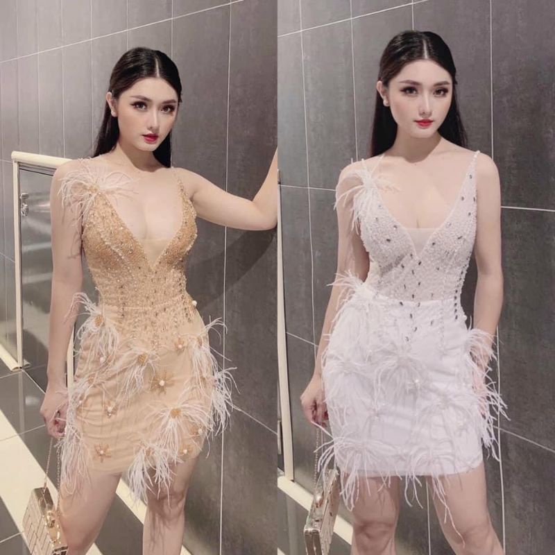 Đầm váy body 2 dây dự tiệc kết hạt thủ công đính lông vũ sang chảnh
