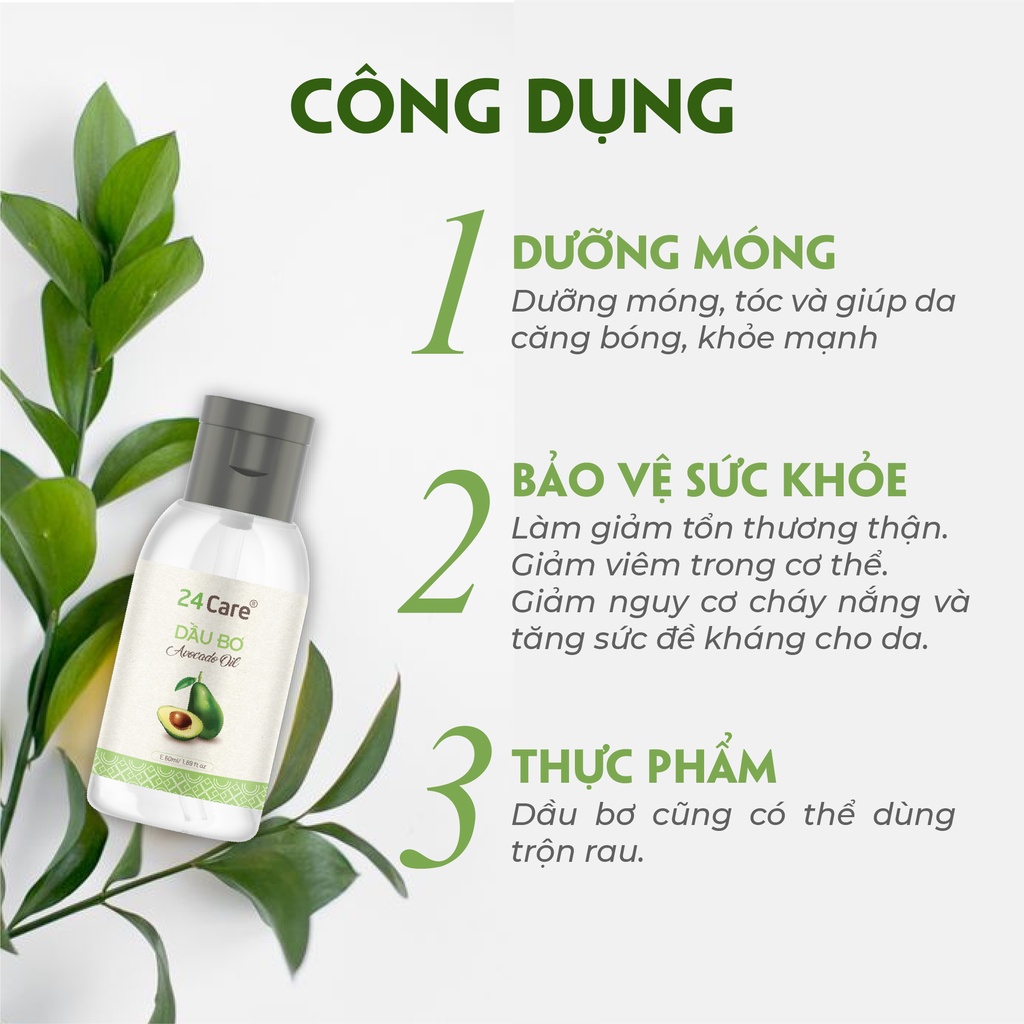 Dầu Bơ 24Care Nguyên Chất - Dưỡng tóc, giảm mụn, giảm tình trạng rạn da - Dung tích 60ml
