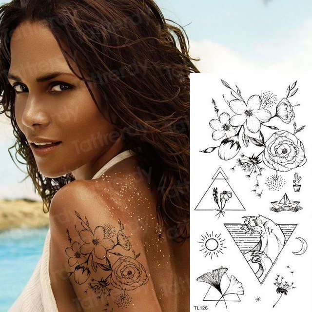 Hình xăm dán tatoo hoa nghệ thuật, tam giác, mặt trời, mặt trăng Tl126 size vừa &lt; 9x19cm