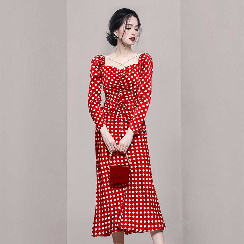 Đầm Chiết Eo Tay Áo 9 / 4 Ngọc Trai Mùa Xuân