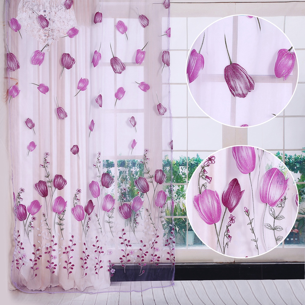 Rèm cửa vải voile họa tiết hoa tulip dùng cho trang trí xinh xắn 100x200 cm