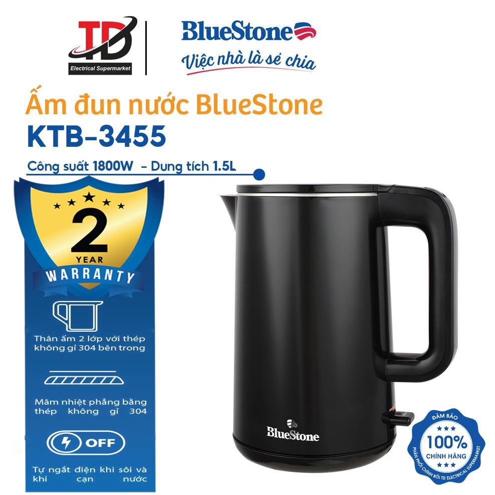 Ấm Đun Siêu Tốc BlueStone KTB-3455 2 Lớp Siêu Bền ( 1.5L - 2200W) - Bảo Hành Chính Hãng 2 Năm