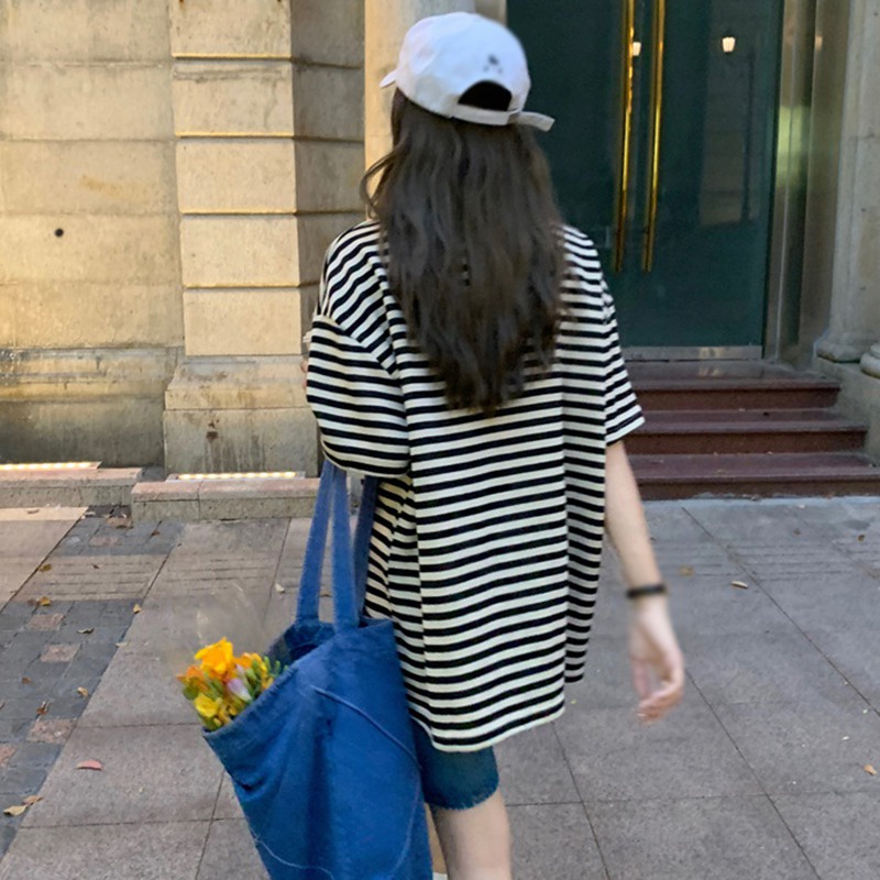Áo Thun Tay Ngắn Dáng Rộng Họa Tiết Kẻ Sọc Phong Cách Hàn Quốc Thời Trang Mùa Hè Cho Nữ