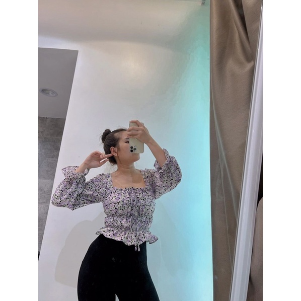 Áo nữ crop top dài tay may Smocked vnxk dư xịn