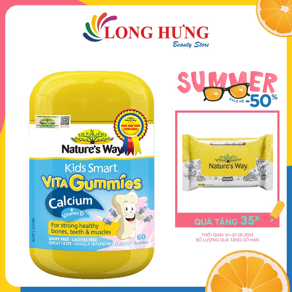 Kẹo dẻo Nature's Way Kids Smart Vita Gummies Calcium + Vitamin D bổ sung Canxi và Vitamin D3 cho bé (60 viên)