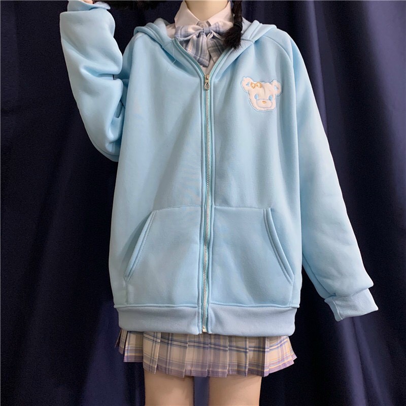 ÁO KHOÁC  NỮ VẢI NỈ CÓ TAI THỎ HOODIE MẶT GẤU THÊU