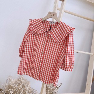 Áo sơ mi pha kẻ cổ vuông viền bèo(video+ảnh thật)