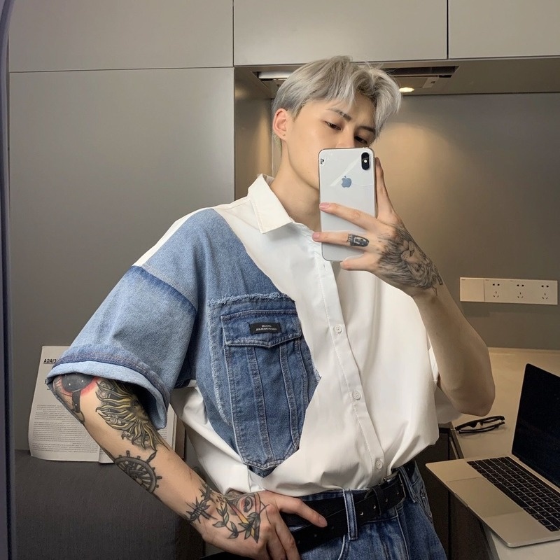 Áo Sơ Mi Ngắn Tay Phối Denim Dáng Rộng Thời Trang Mùa Hè Hàn Quốc Dành Cho Nam