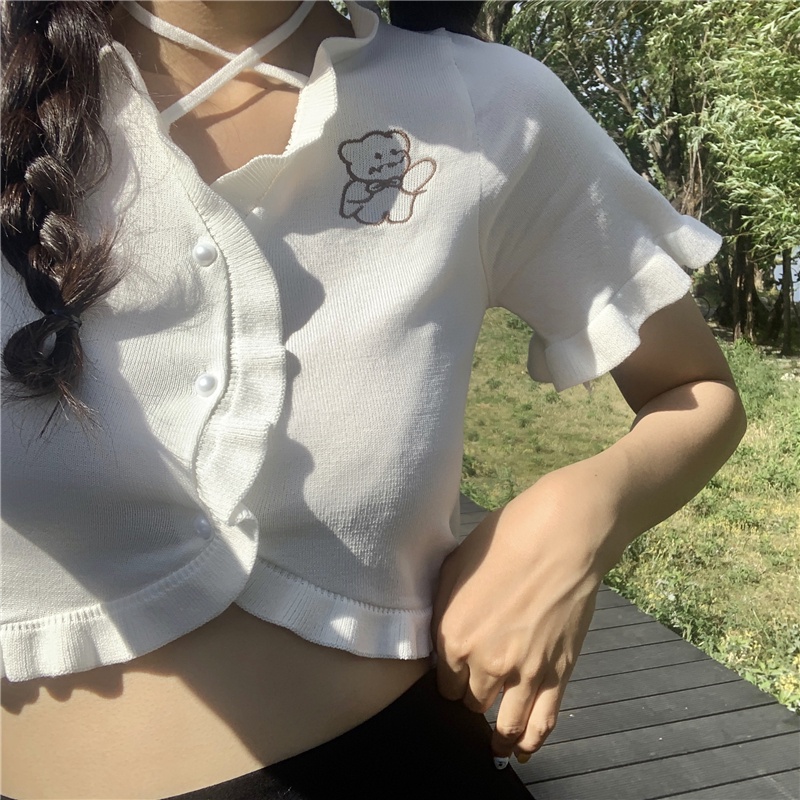 ZHELIHANGFEI grandma Áo Cardigan Dệt Kim Tay Ngắn Thiết Kế Tai Gấu Ngọt Ngào Phong Cách Mùa Hè Niche