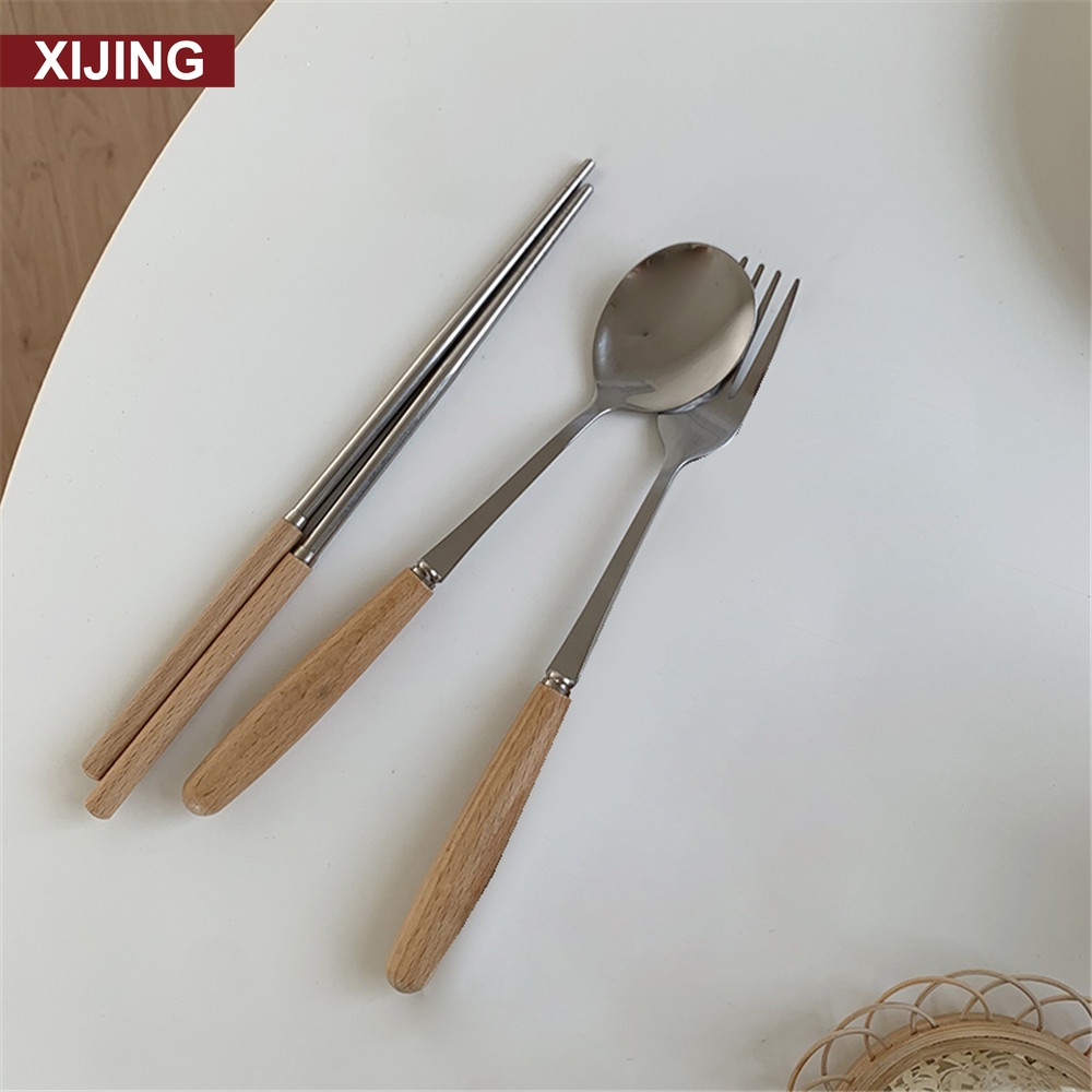 Muỗng/ nĩa/ đũa bằng thép không gỉ cán gỗ phong cách Nhật Bản