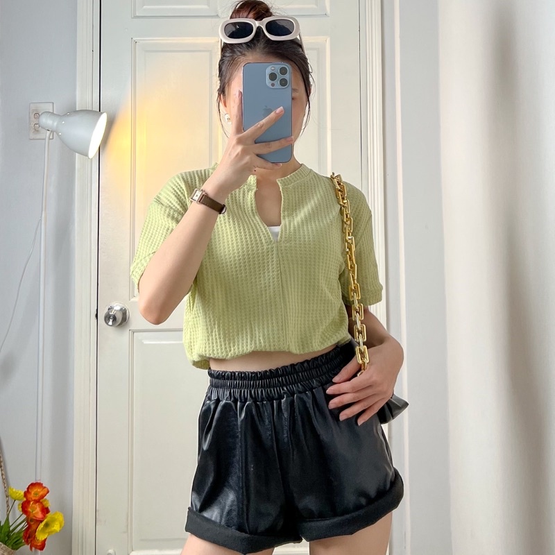 Áo croptop nữ ngắn tay phối hai lớp 3 màu