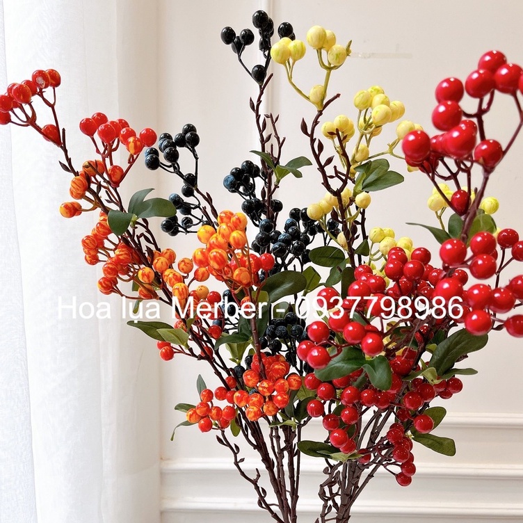 Cành Đào Đông Cherry Giả Cao Cấp Merber  Loại 12 Nhánh, Có Lá, Cụm Nhánh - Cánh Khô Decor Trang Trí Nhà