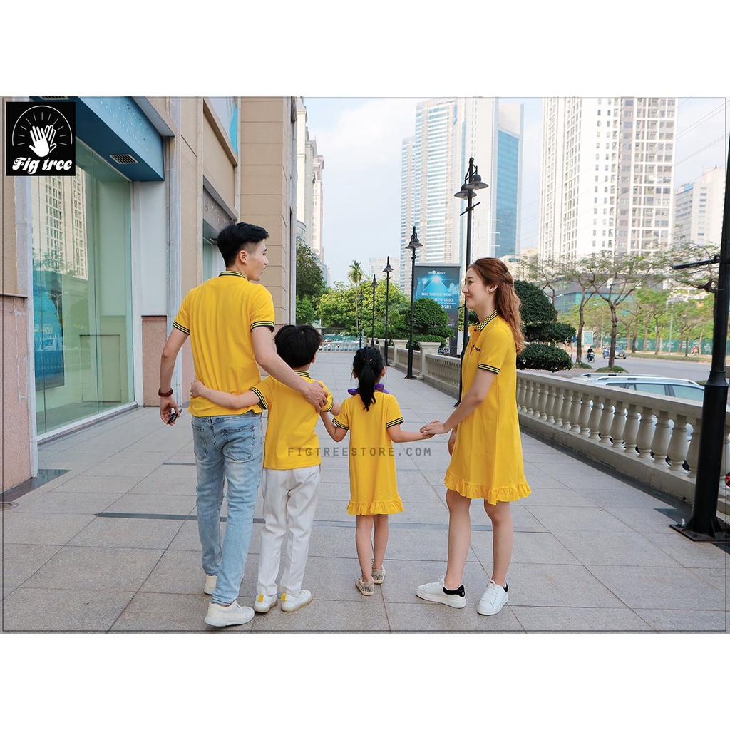 Combo Áo Váy Thun Gia Đình Polo Fig Tree Màu Vàng Hàng Thiết Kế Đủ Size Kèm Hình Cận Cảnh