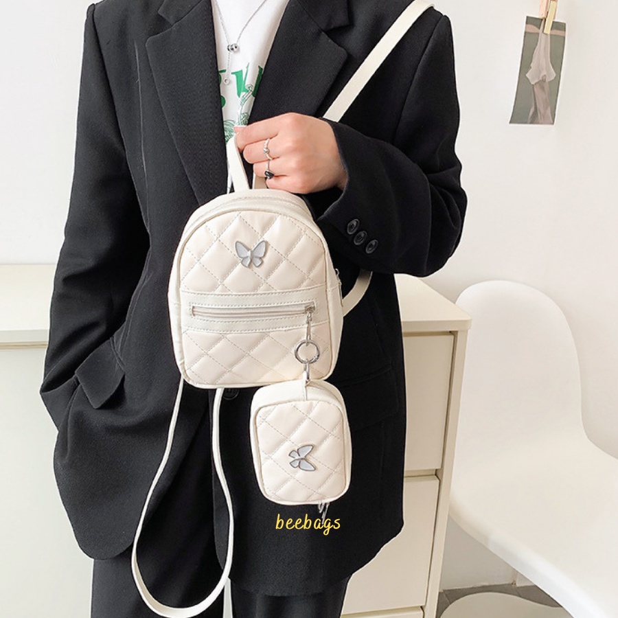 Balo Mini Họa Tiết Bướm Kèm Túi Nhỏ Xinh Xắn | BALO01 | Combo Balo Da Màu Hồng, Đen, Trắng Đi Chơi, Đi Học Và Cafe